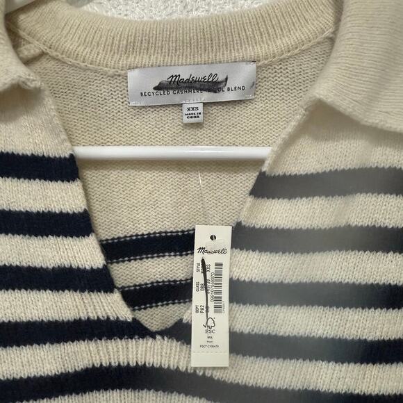 NWT Madewell Cashmere Wool Blend Polo Sweater V Neck in Ink Striped NS669 XXS - Picture 3 of 6